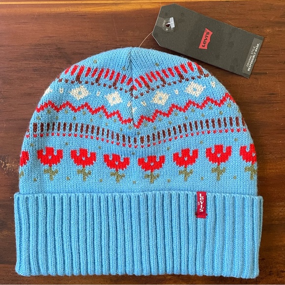 *NWT* Levi’s Fair Isle Graphic Knit Beanie, Blue/Red - Picture 8 of 8